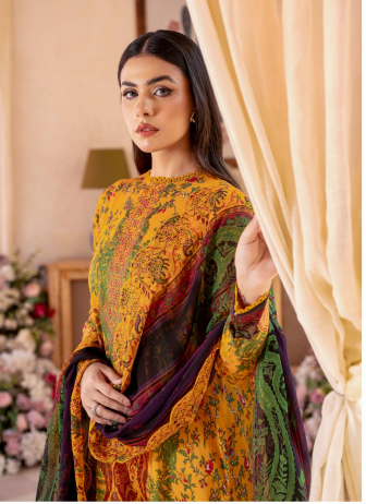 Woman wearing a colorful traditional outfit with intricate patterns, holding a curtain.