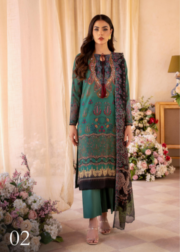 Woman in a green embroidered outfit standing in a decorated room with flowers.