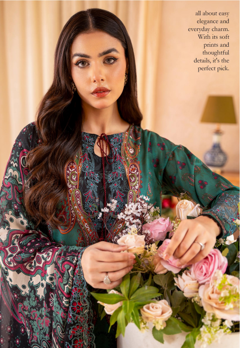 Woman in a patterned dress holding flowers with text about easy elegance and everyday charm.