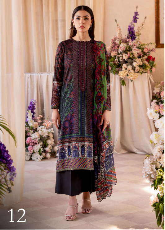 Woman wearing a patterned dress standing in front of floral decorations