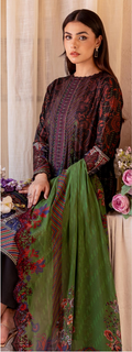 Woman wearing a traditional outfit with a green dupatta, standing indoors.