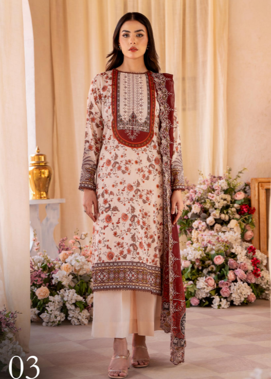 Woman wearing a floral and embroidered traditional outfit with a decorative background.