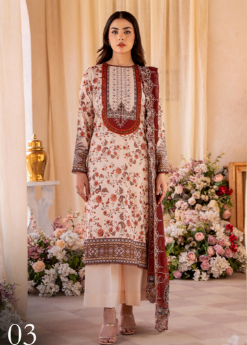 Woman wearing a floral and embroidered traditional outfit with a decorative background.