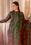 Woman wearing a traditional outfit with intricate patterns and embroidery, standing against a neutral background.
