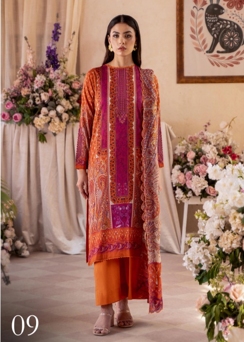 Woman wearing a traditional outfit with floral decorations and flowers in the background