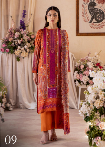 Woman wearing a traditional outfit with floral decorations and flowers in the background