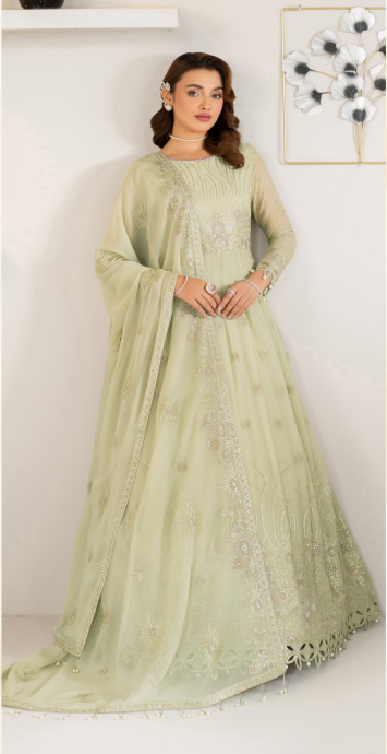 Woman wearing a light green embroidered anarkali suit against a white background
