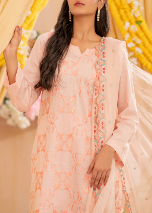 Woman wearing a peach-colored traditional outfit with floral patterns against a yellow decorative background