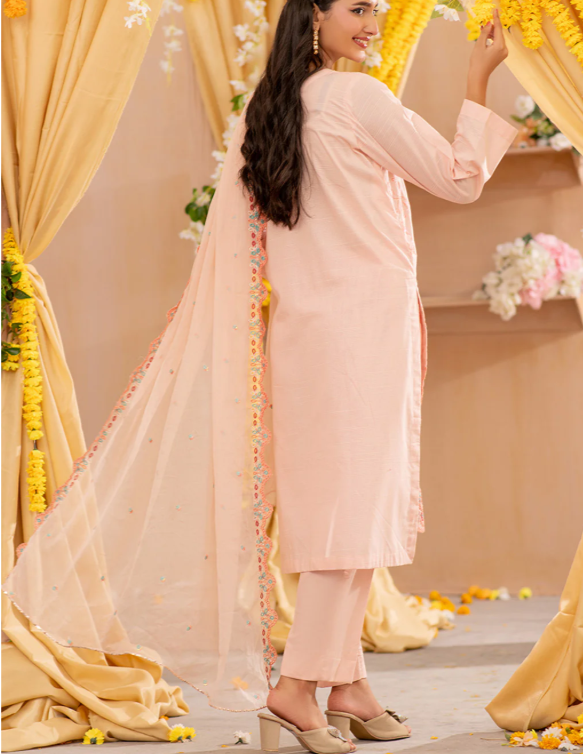 Woman in a peach traditional outfit with a decorated background