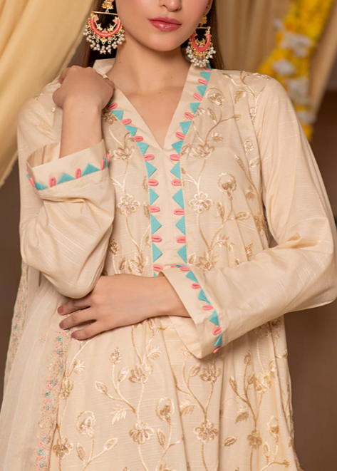 Beige embroidered traditional outfit with colorful patterns on a blurred background
