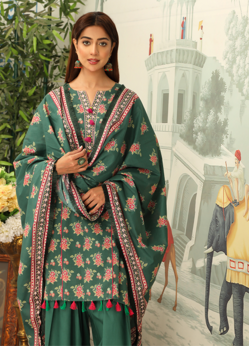 Woman wearing a green embroidered traditional outfit with a scenic background