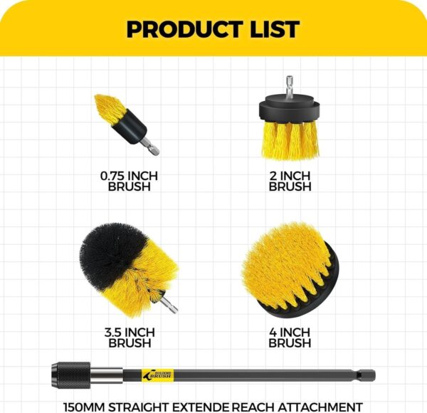 Yellow 5-Pack Drill Brush Set Extended Attachments for All-Purpose Cleaning. - Image 2